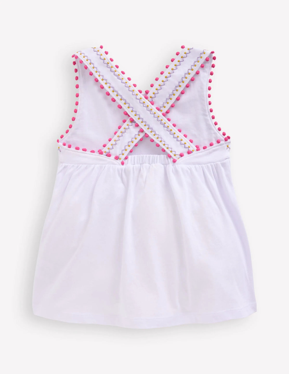 Cross-Back Pom Trim Top-White