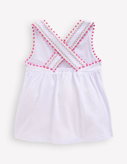 Cross-Back Pom Trim Top-White