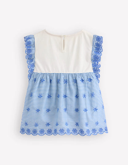Fabric Mix Broderie Top-Blue Ticking
