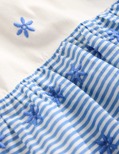 Fabric Mix Broderie Top-Blue Ticking