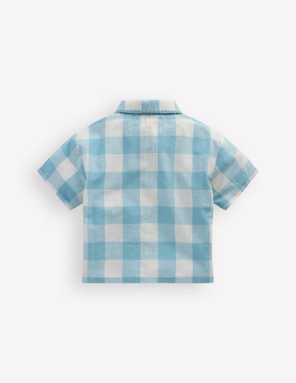 Short Sleeve Relaxed Shirt-Blue Gingham Embroidery