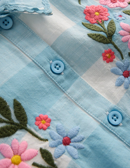 Short Sleeve Relaxed Shirt-Blue Gingham Embroidery