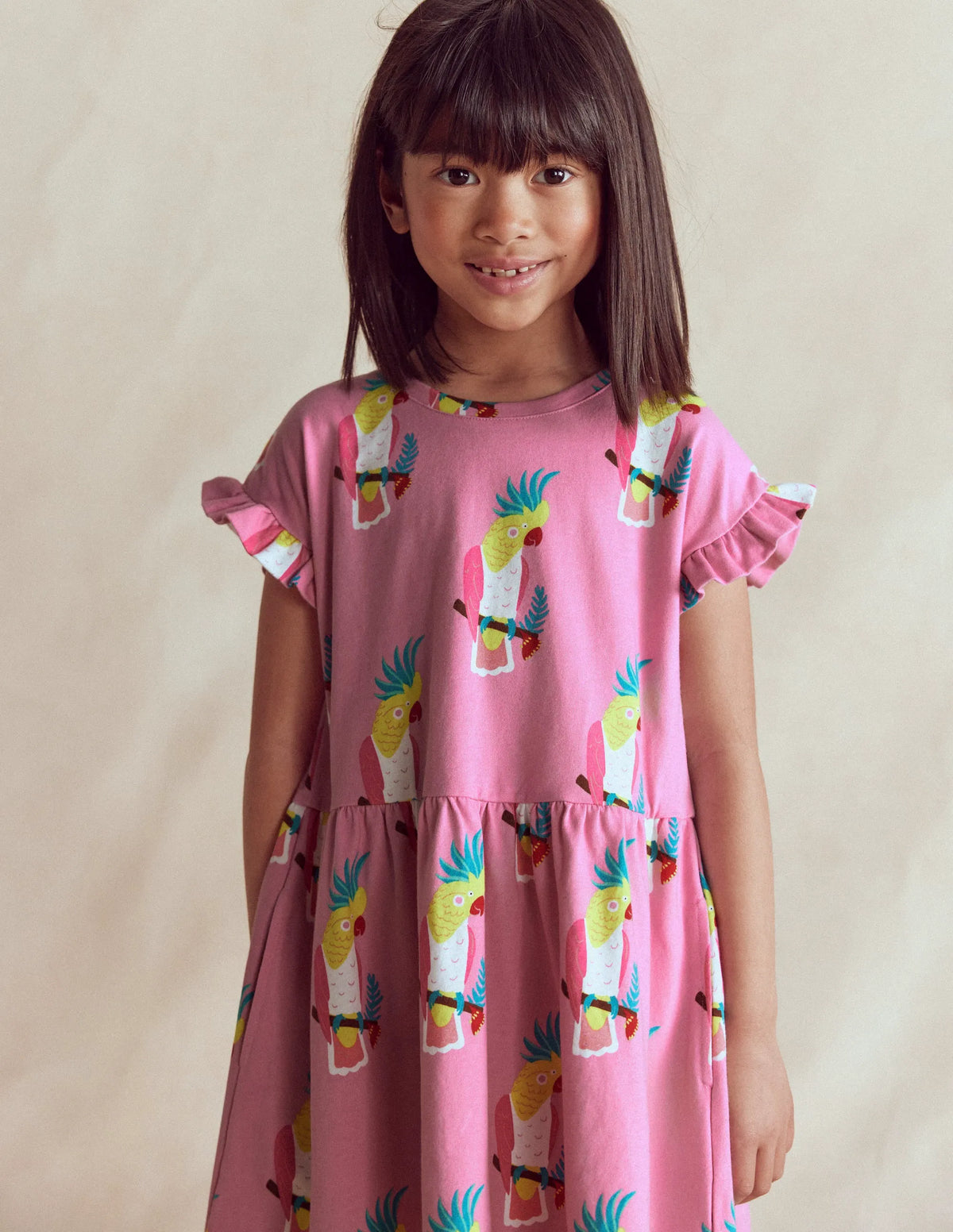 Jersey T-Shirt Dress-Flamingo Pink Tropical Bird