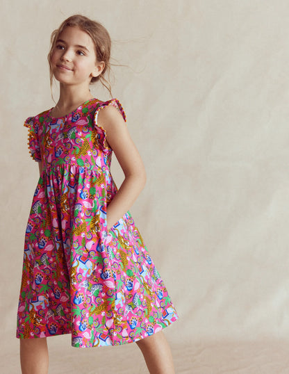 Clover Bow Back Jersey Dress-Flamingo Pink Jungle Animals