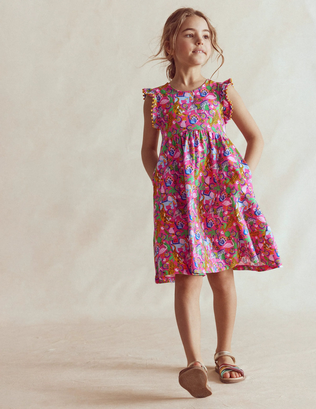 Clover Bow Back Jersey Dress-Flamingo Pink Jungle Animals