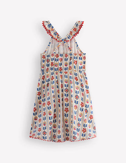 Ruffle Neck Trim Dress-Soft Ivory Woodblock Floral