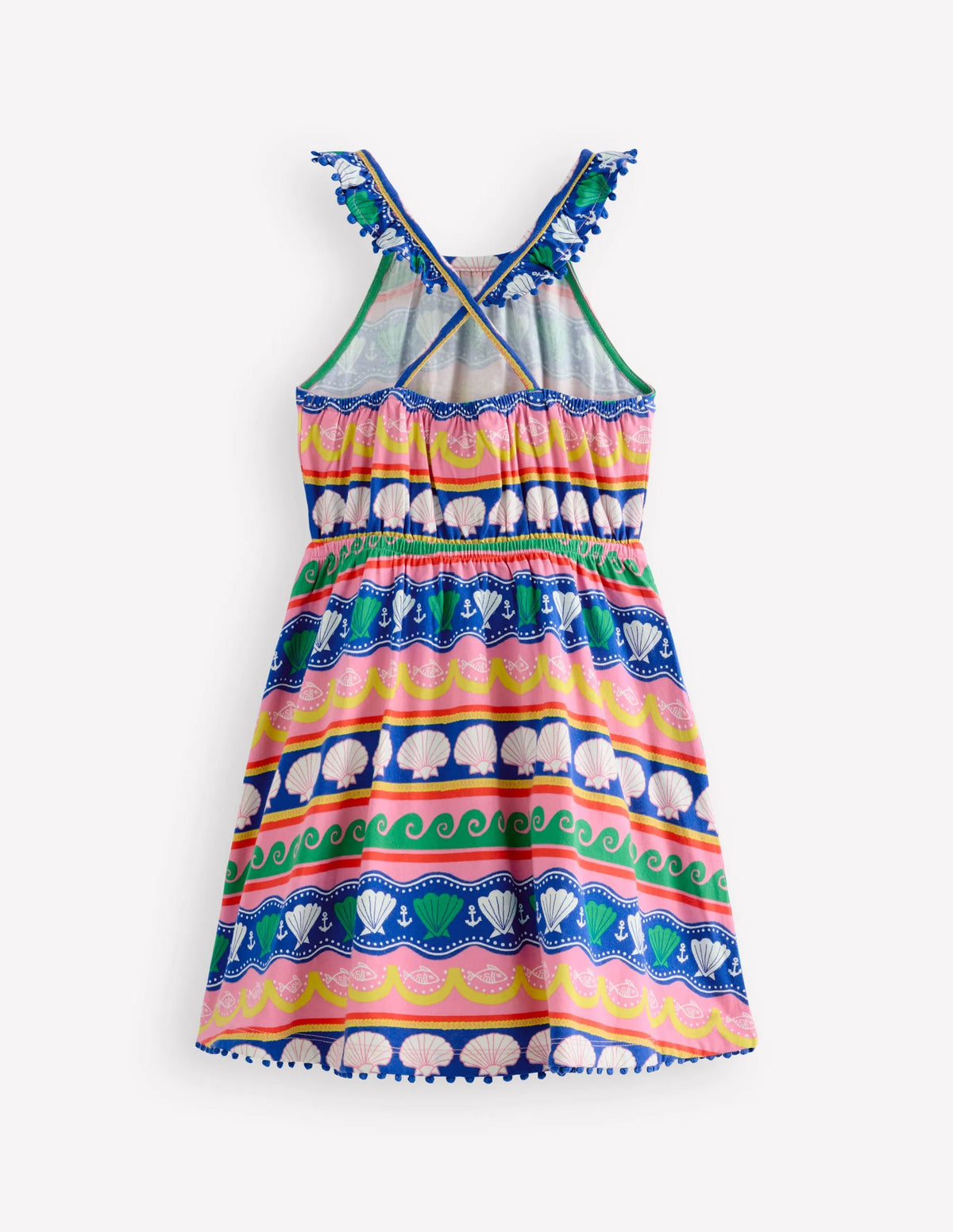 Ruffle Neck Trim Dress-Multi Seashell Stripe