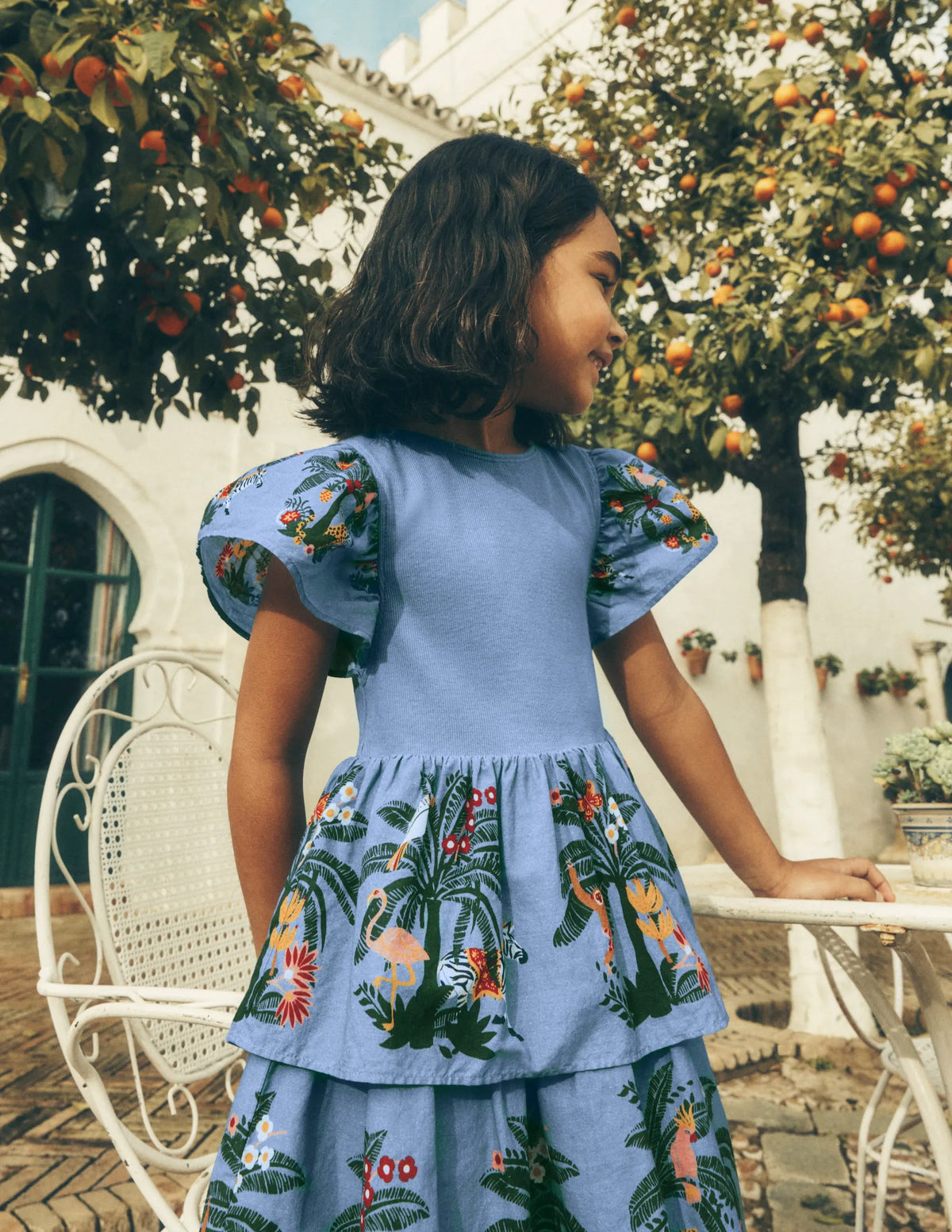 Woven Mix Twirly Dress-Azure Blue Jungle Trellis