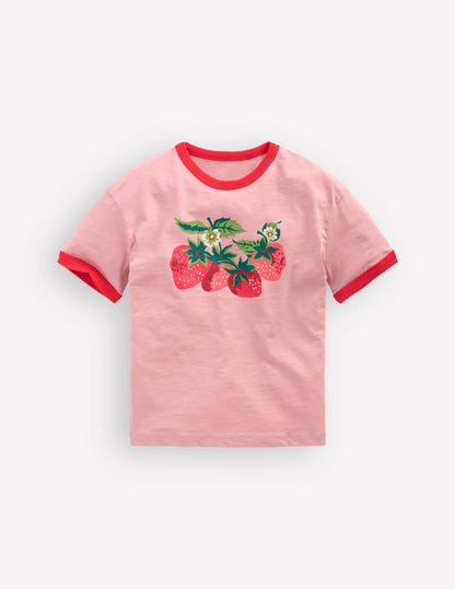 Printed Ringer T-shirt-Vintage Pink Strawberries