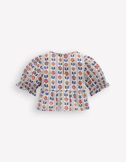 Peplum Woven Top-Ivory Floral Stripe