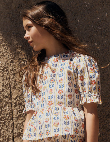 Peplum Woven Top-Ivory Floral Stripe