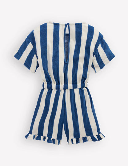 Relaxed Towelling Playsuit-Denim Blue Stripe
