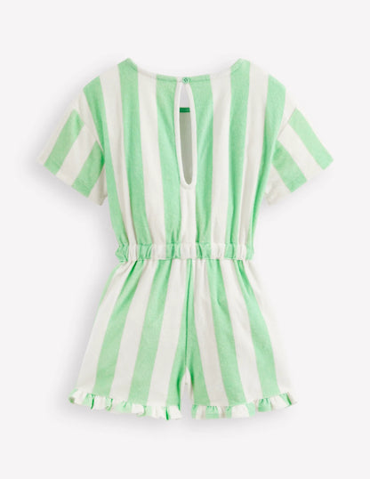 Relaxed Towelling Playsuit-Pale Green Stripe