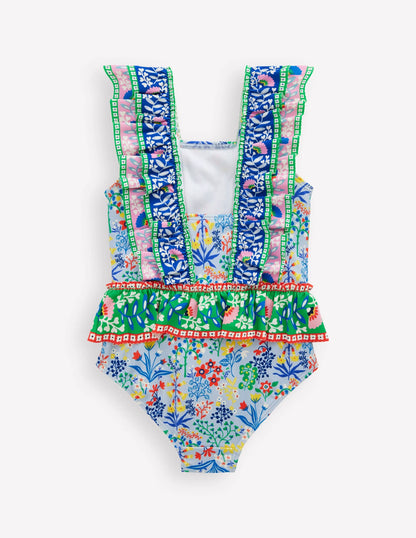 Frill Peplum Swimsuit-Misty Blue Garden Floral