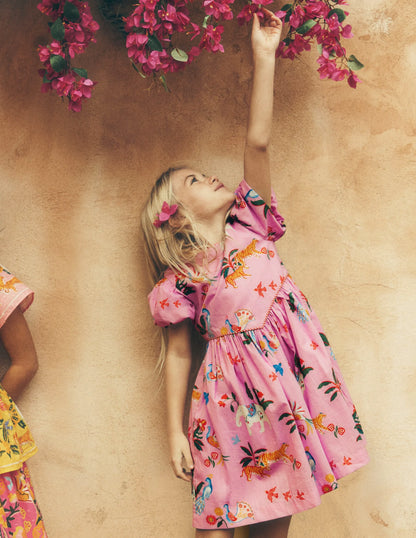 V-waist Woven Dress-Formica Pink Tropical Animals