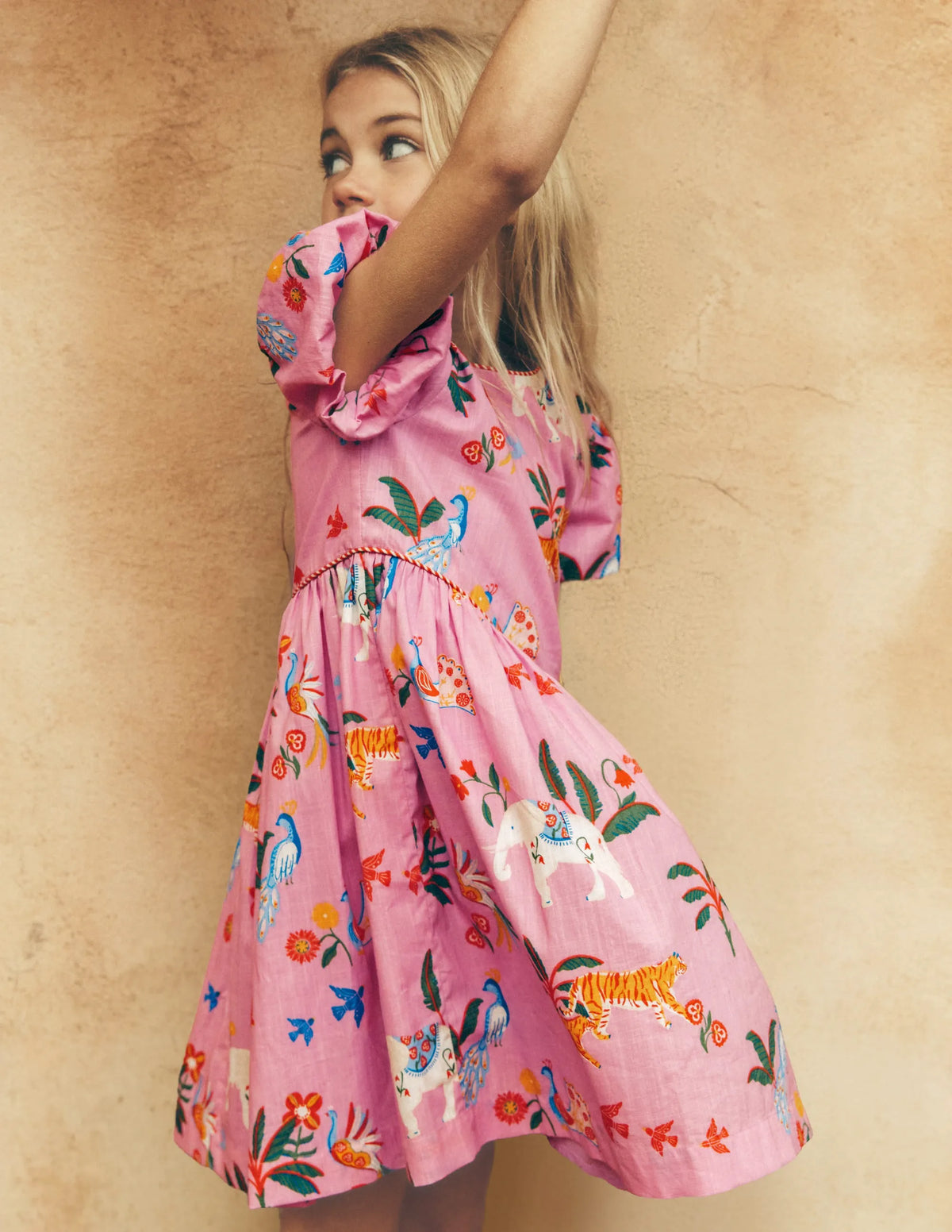 V-waist Woven Dress-Formica Pink Tropical Animals