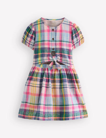 Tie Front Woven Dress-Blue, Pink and Green Check