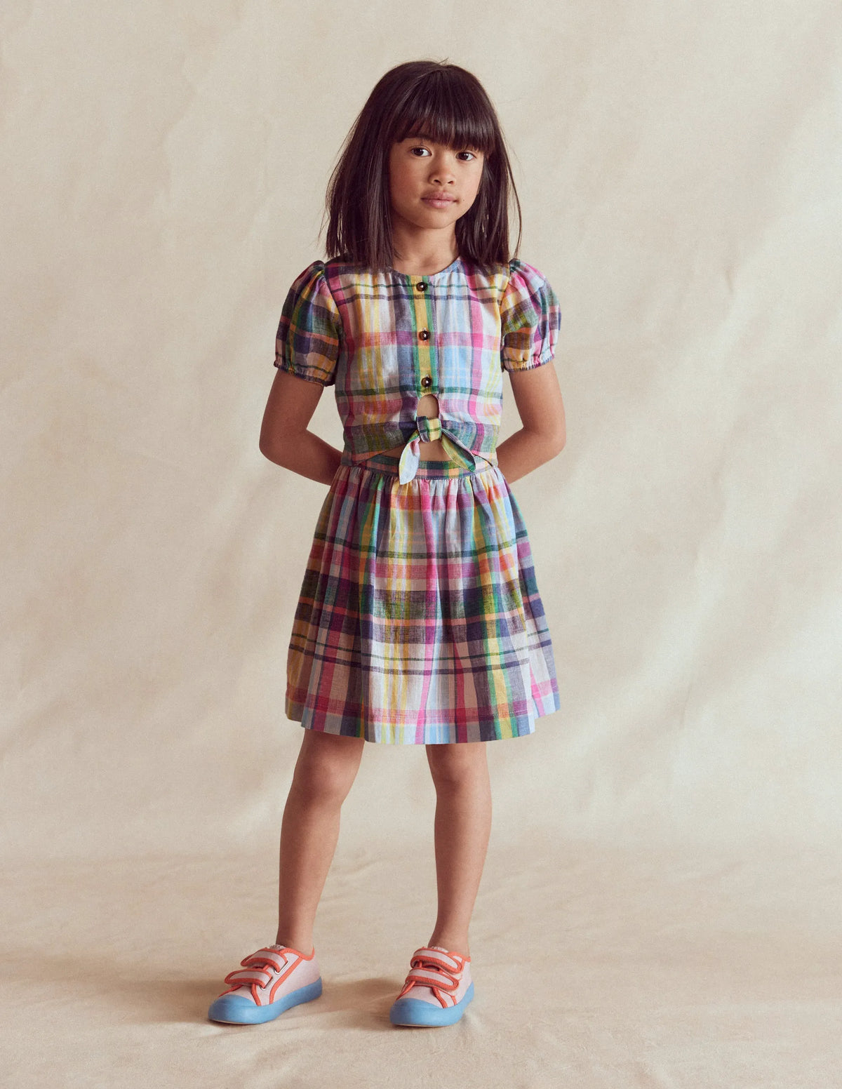 Tie Front Woven Dress-Blue, Pink and Green Check