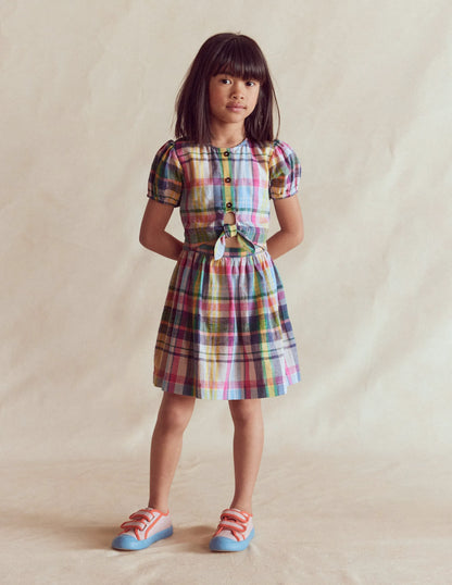 Tie Front Woven Dress-Blue, Pink and Green Check