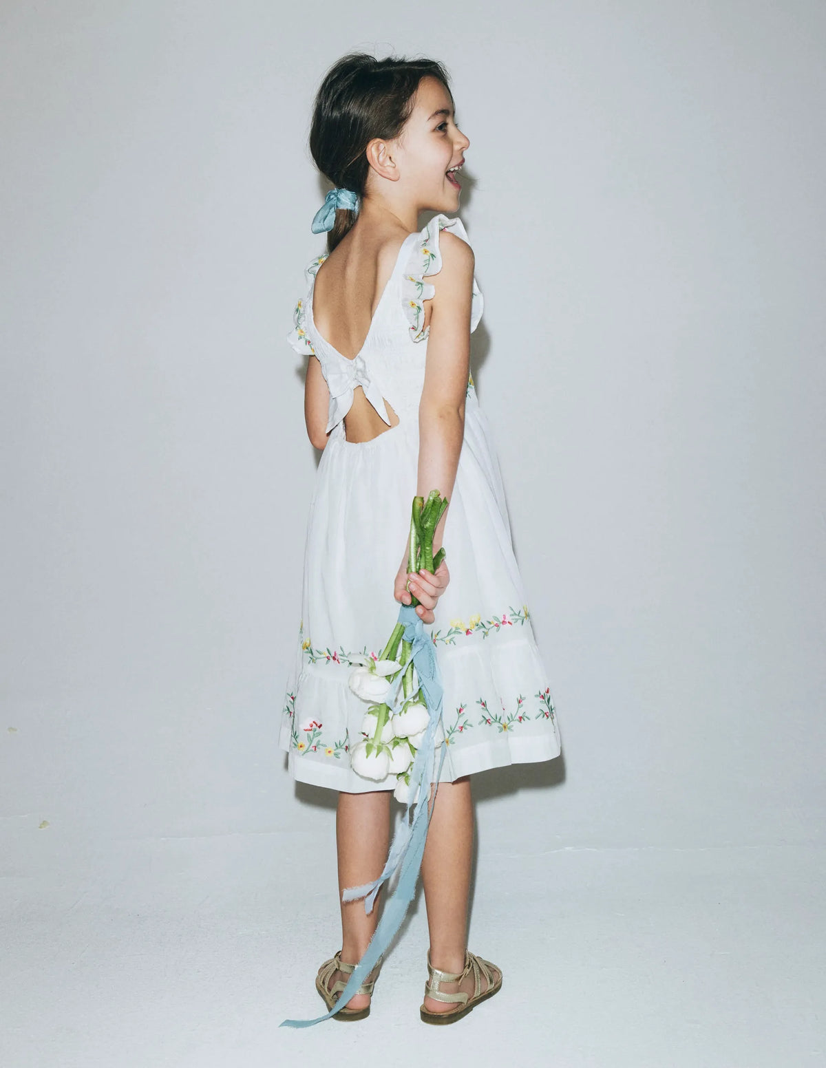 Shirred Bow Back Detail Dress-Soft Ivory