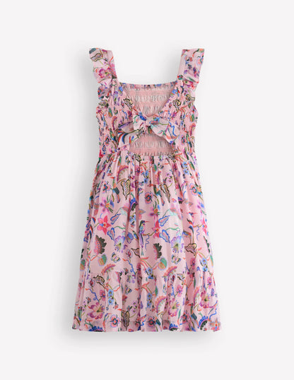 Shirred Bow Back Detail Dress-Multi Pink Floral