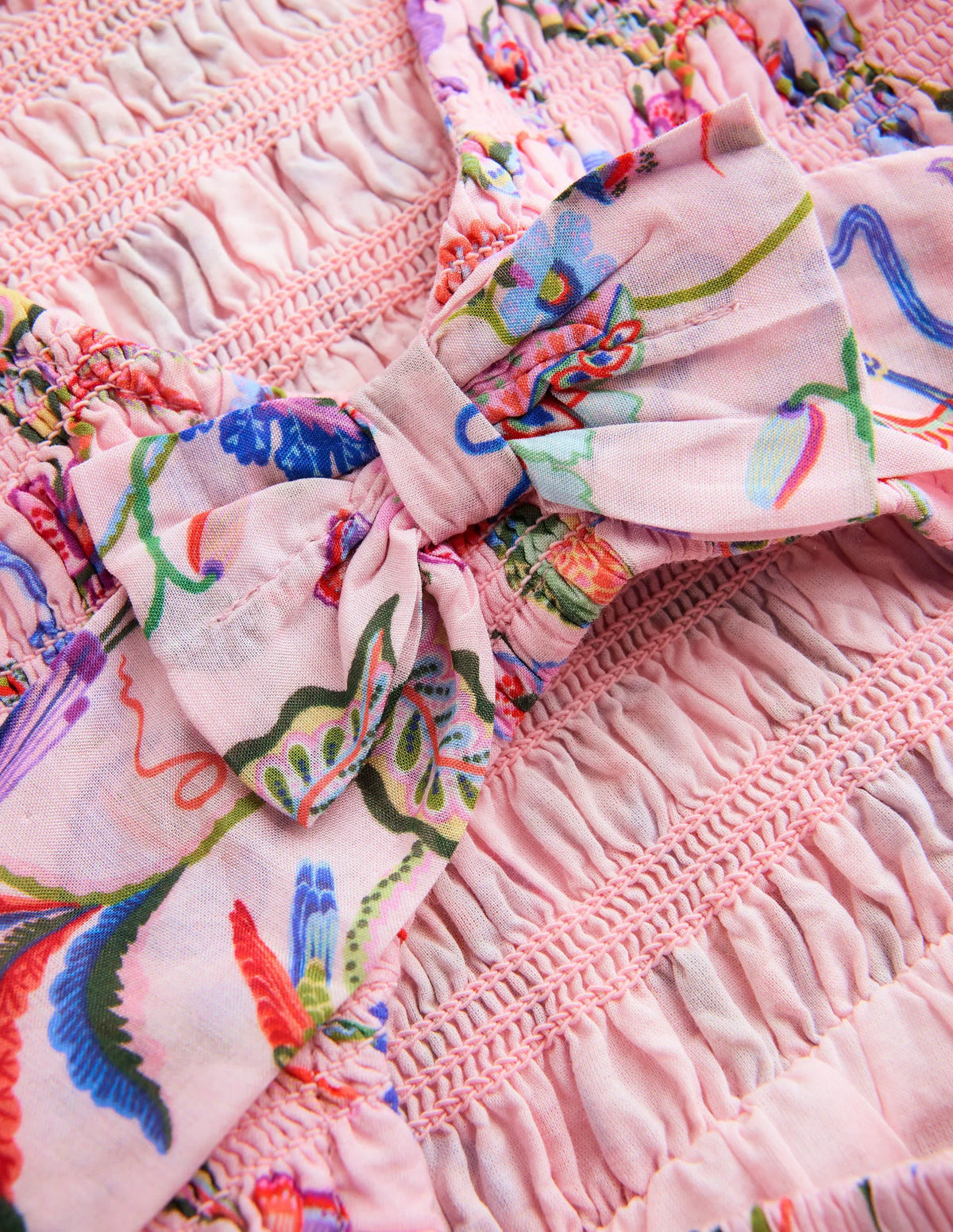 Shirred Bow Back Detail Dress-Multi Pink Floral