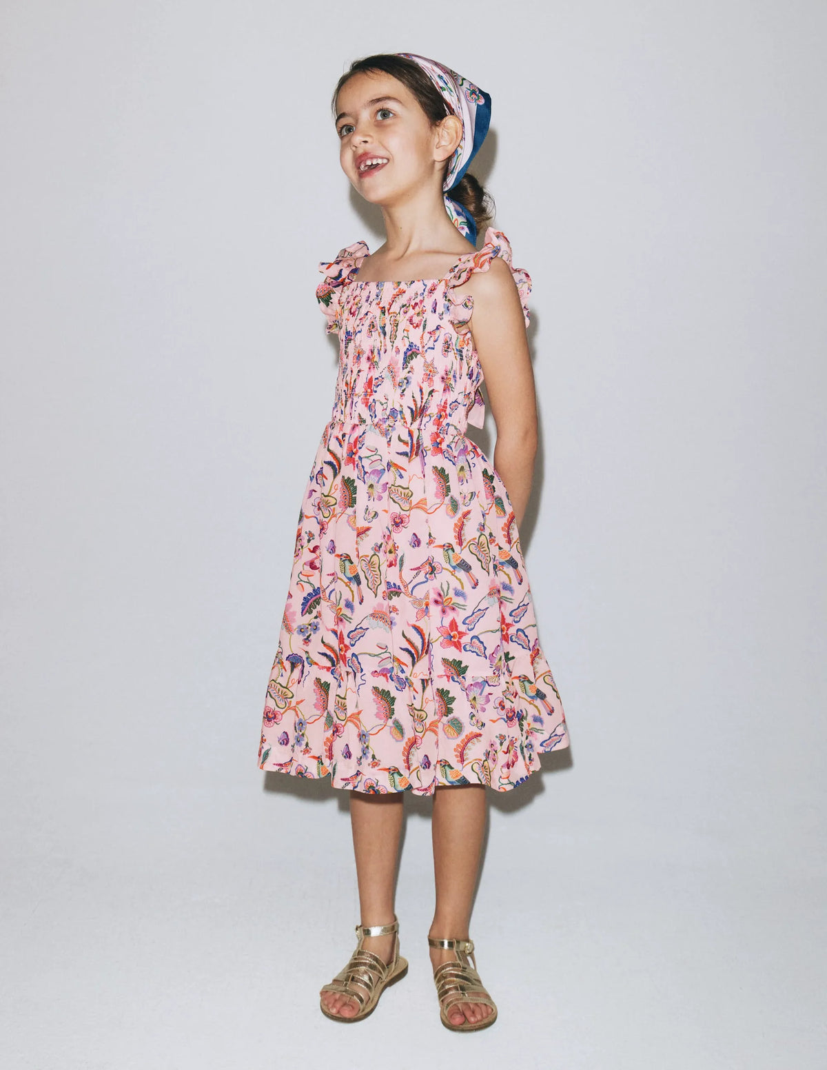 Shirred Bow Back Detail Dress-Multi Pink Floral