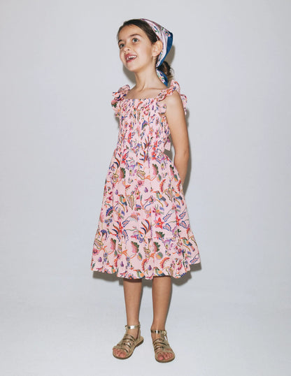 Shirred Bow Back Detail Dress-Multi Pink Floral