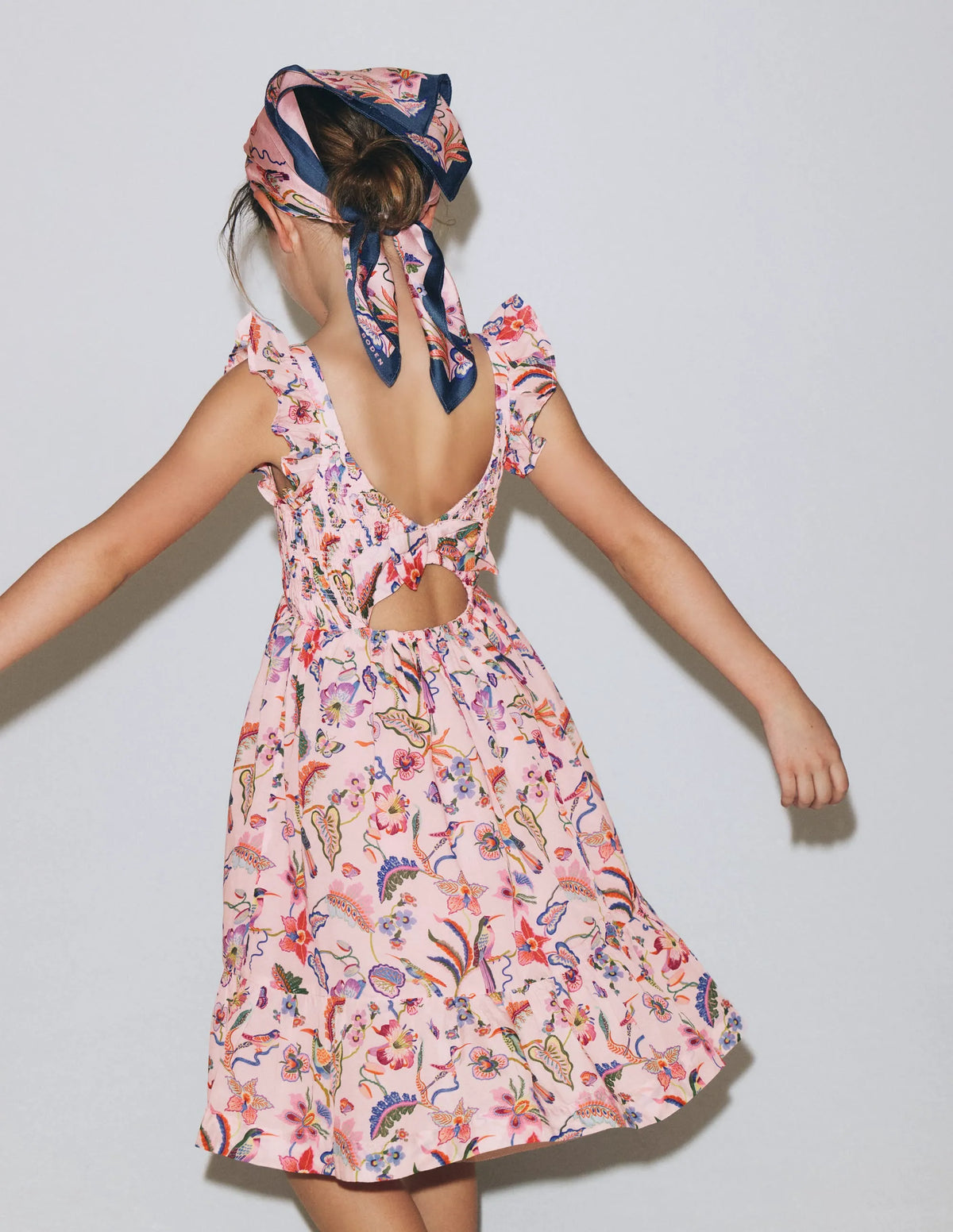 Shirred Bow Back Detail Dress-Multi Pink Floral