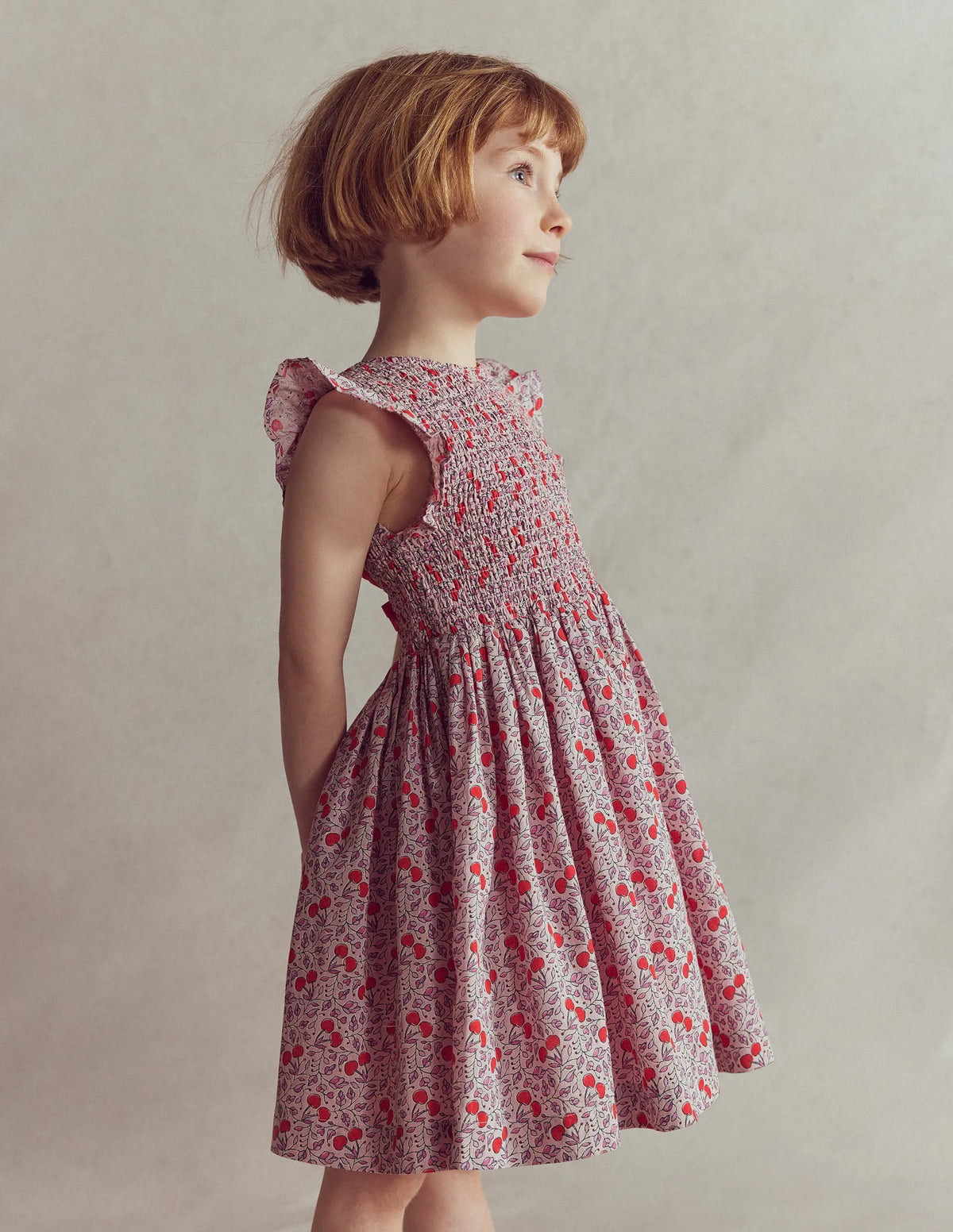 Bow Back Shirred Dress-Pink Cherries