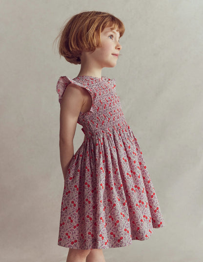 Bow Back Shirred Dress-Pink Cherries