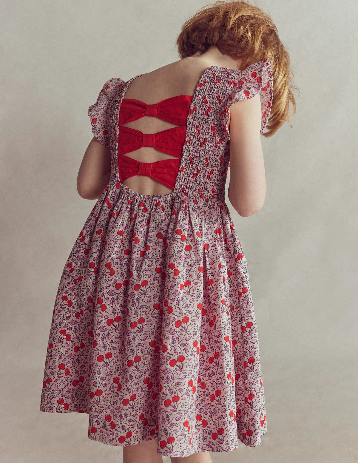 Bow Back Shirred Dress-Pink Cherries