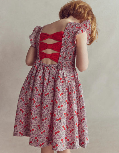 Bow Back Shirred Dress-Pink Cherries