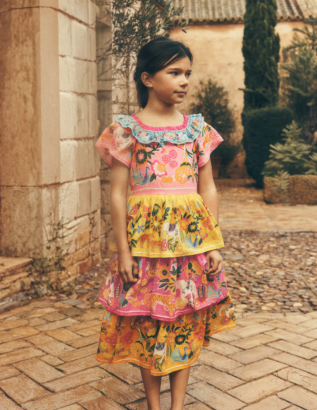 Tiered Ruffle Woven Dress-Sunflower Yellow Jungle Animal