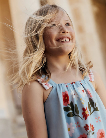 Ruffle Strap Sundress-Vintage Blue Floral Placement