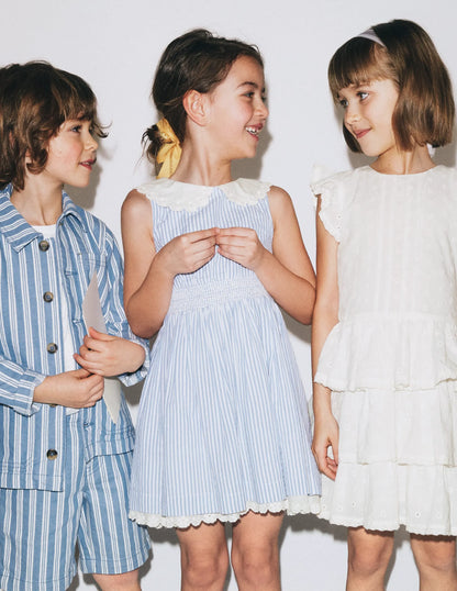 Nostalgic Broderie Dress-Salt Blue Ticking Stripe