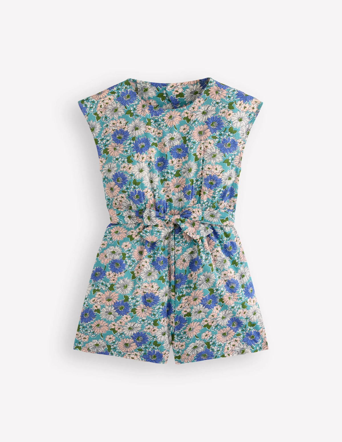 Tie Waist Woven Playsuit-Blue Floral