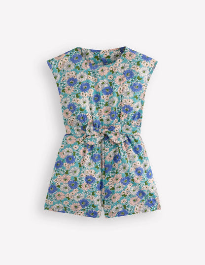 Tie Waist Woven Playsuit-Blue Floral