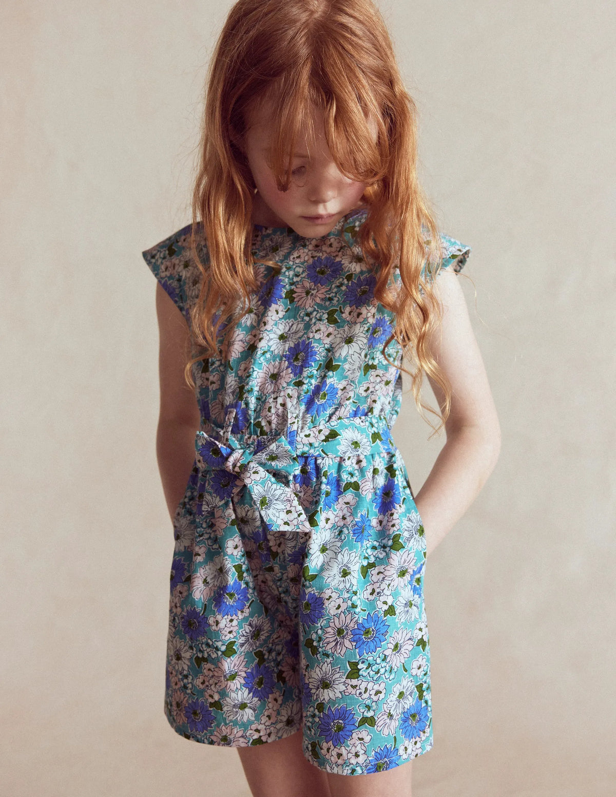 Tie Waist Woven Playsuit-Blue Floral