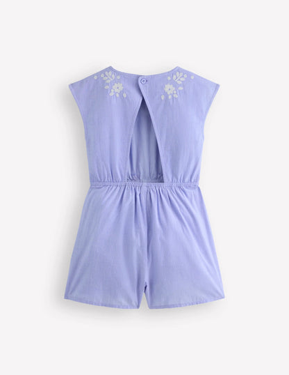 Tie Waist Woven Playsuit-Denim Embroidery