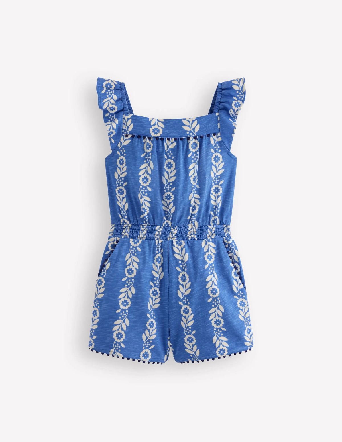 Ciara Pom Trim Jersey Romper-Blue Floral