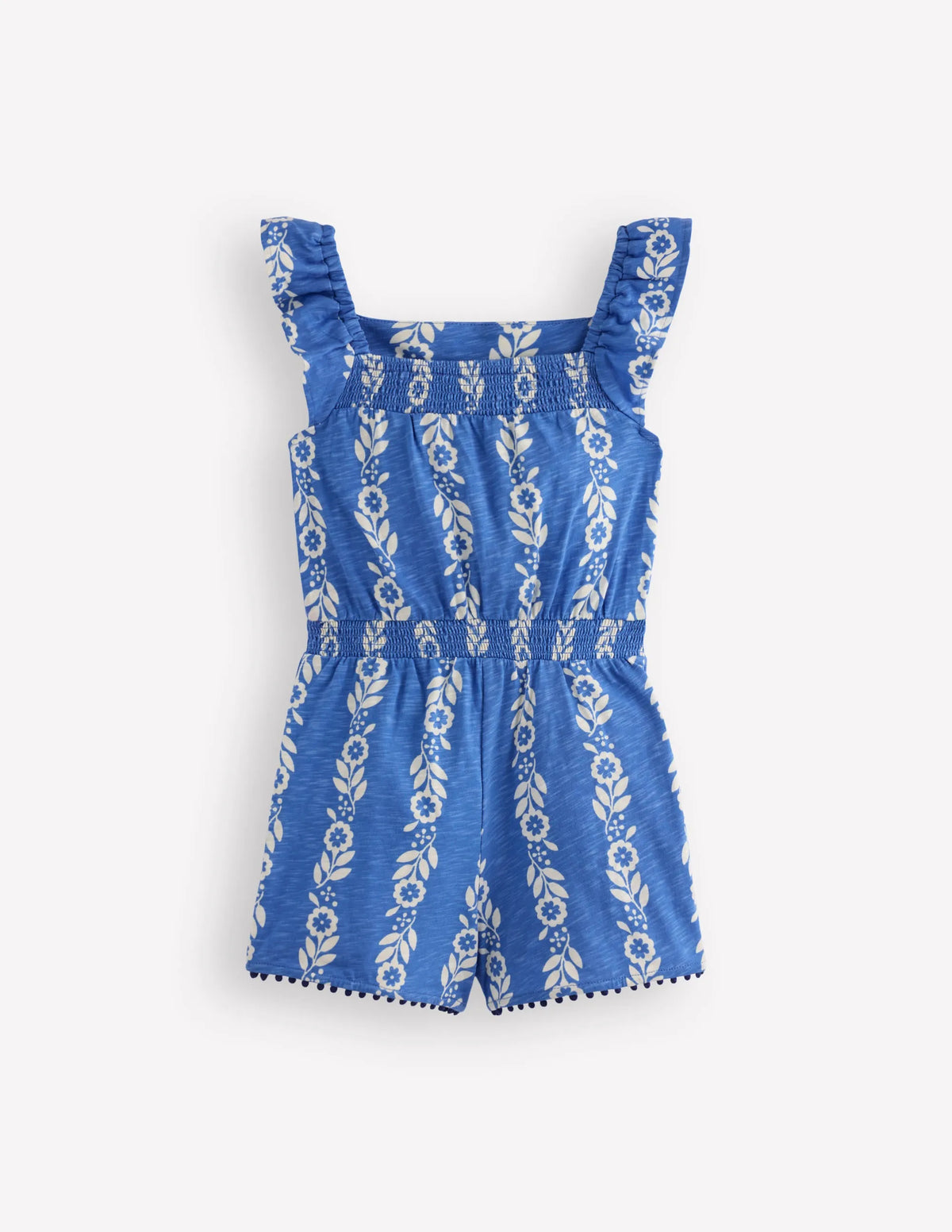 Ciara Pom Trim Jersey Romper-Blue Floral