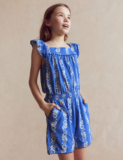 Ciara Pom Trim Jersey Romper-Blue Floral
