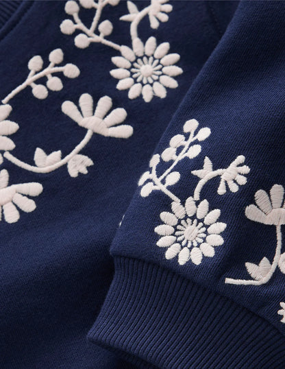 Ida Sweatshirt Appliqué Dress-Navy Floral Embroidery