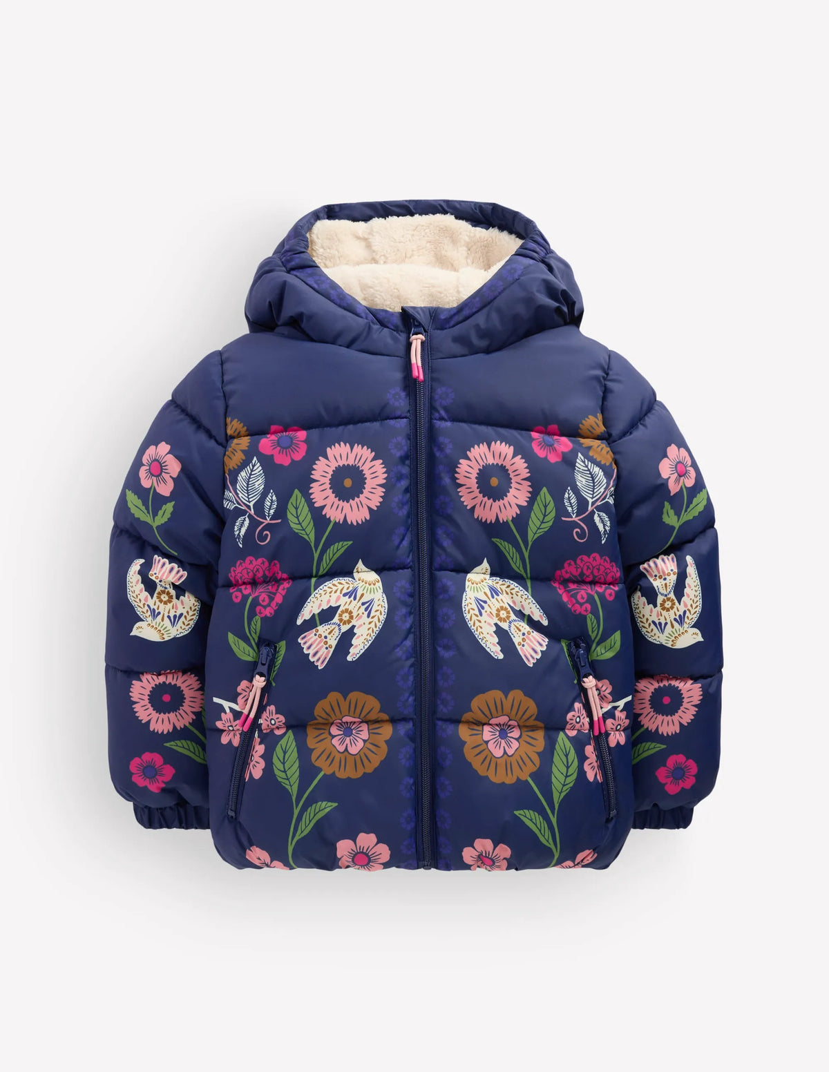 Fun Padded Coat-Navy Bird Placement Print