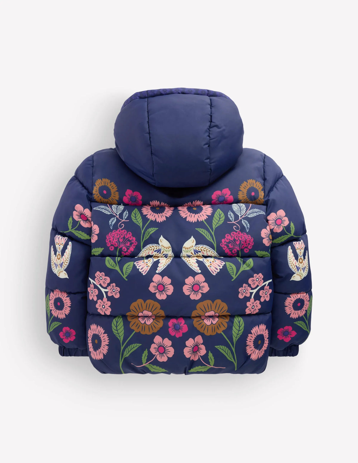 Fun Padded Coat-Navy Bird Placement Print