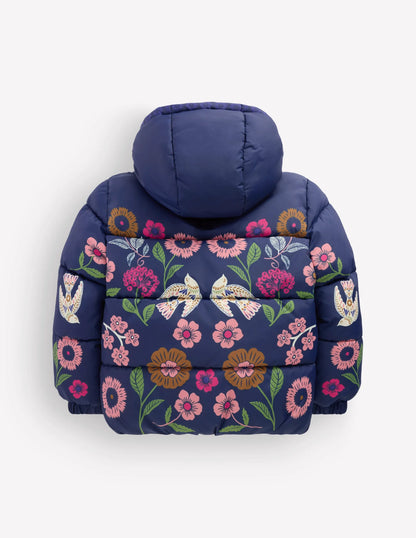 Fun Padded Coat-Navy Bird Placement Print