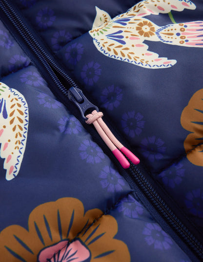 Fun Padded Coat-Navy Bird Placement Print