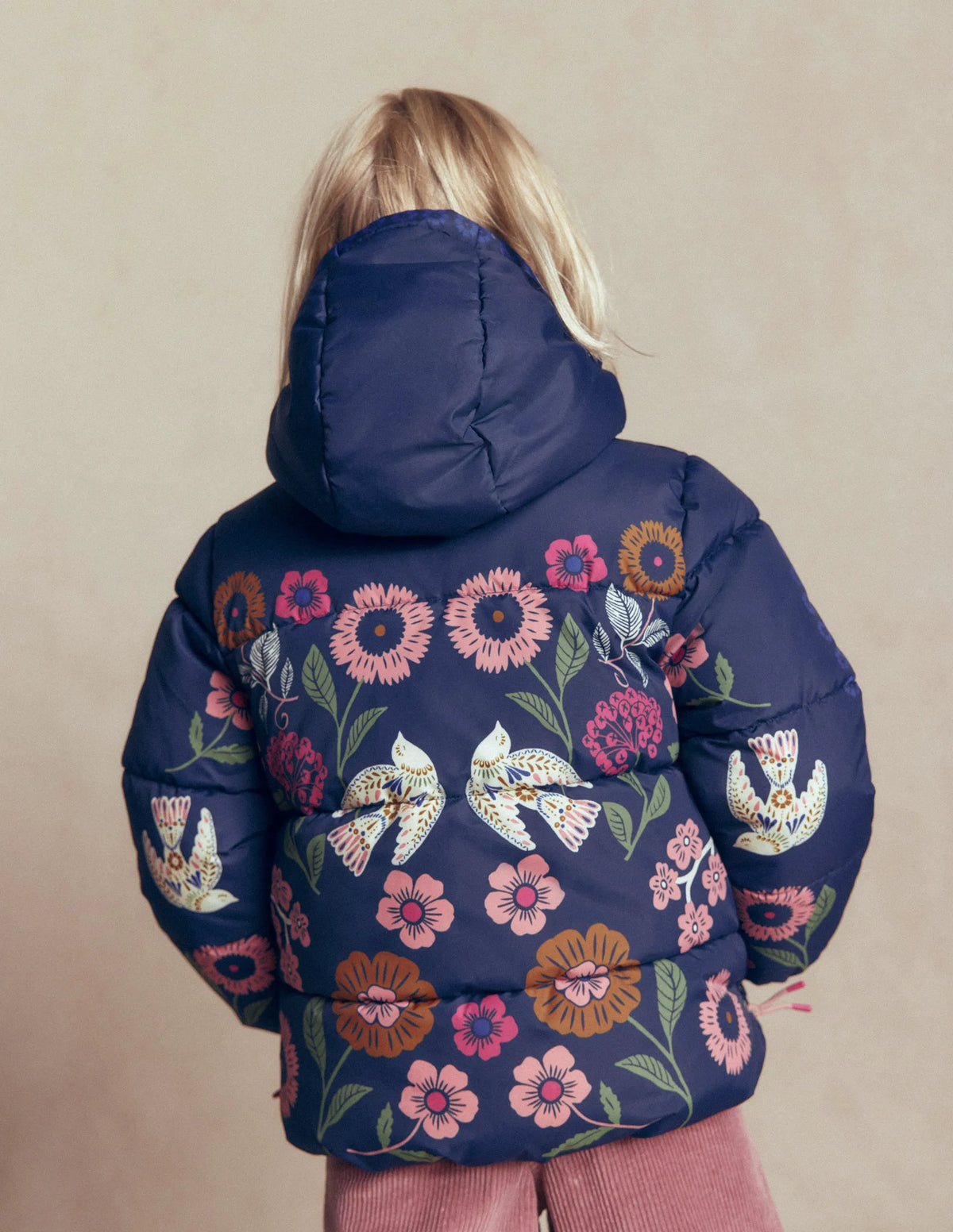Fun Padded Coat-Navy Bird Placement Print