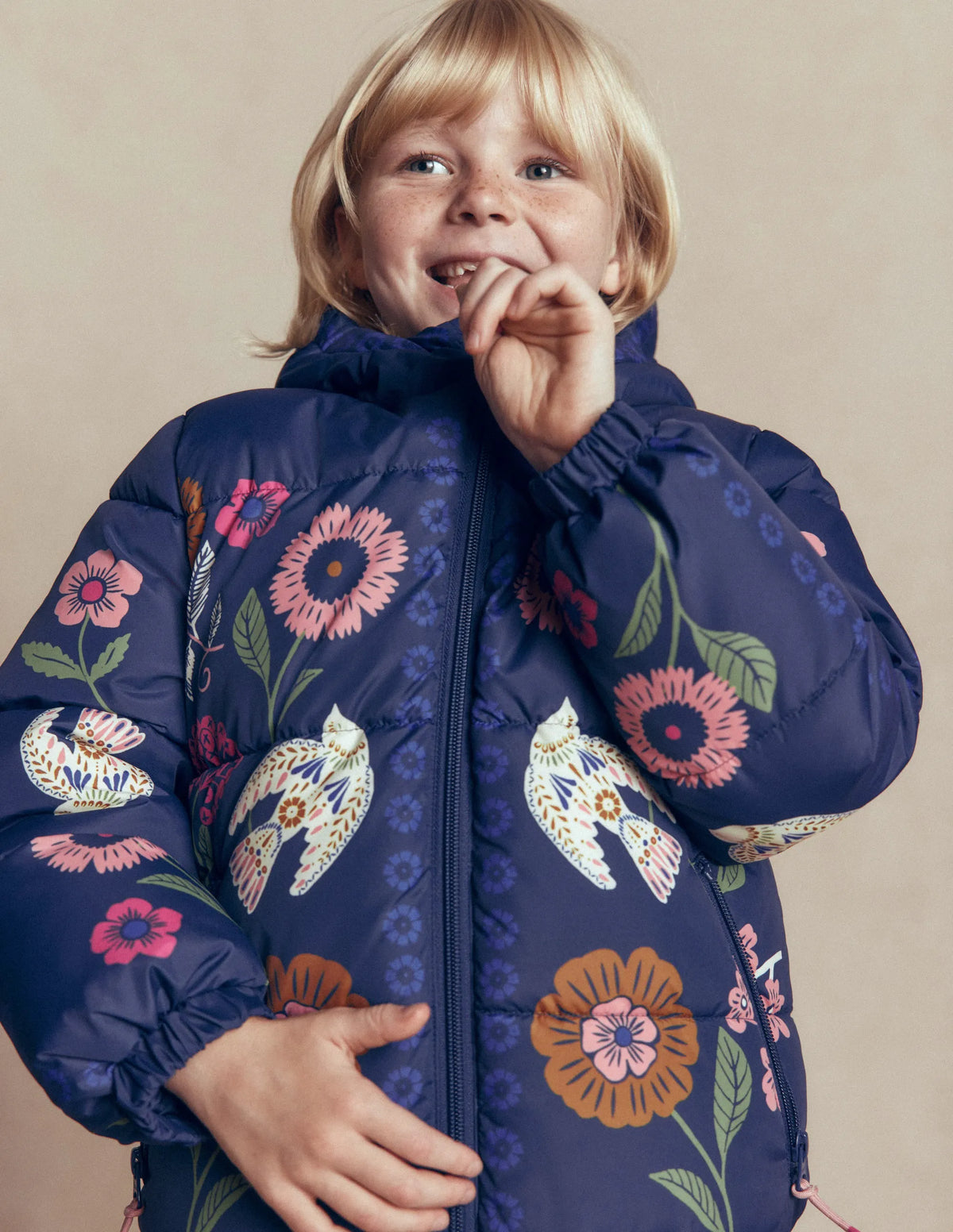 Fun Padded Coat-Navy Bird Placement Print